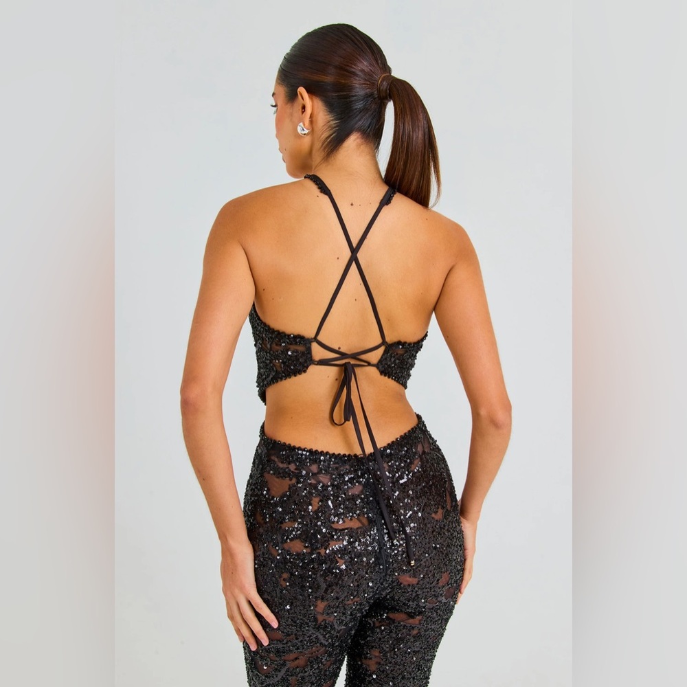 NWT Nadine Merabi black sequin Hallie jumpsuit - Picture 3 of 10